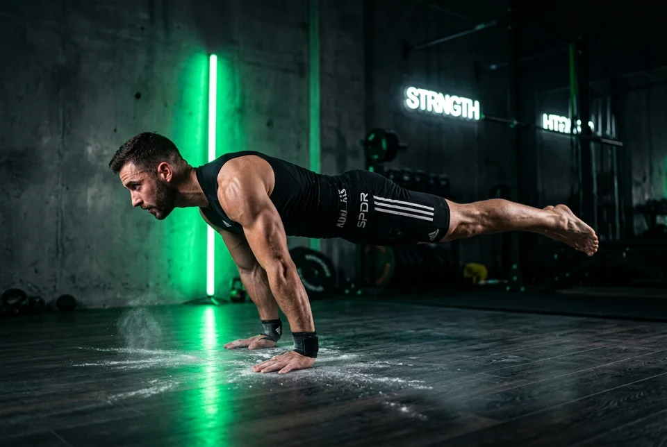 Atleta de Calistenia realizando um movimento de planche de alta performance